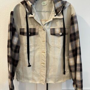 Plaid Sleeve Jean Jacket with Hood